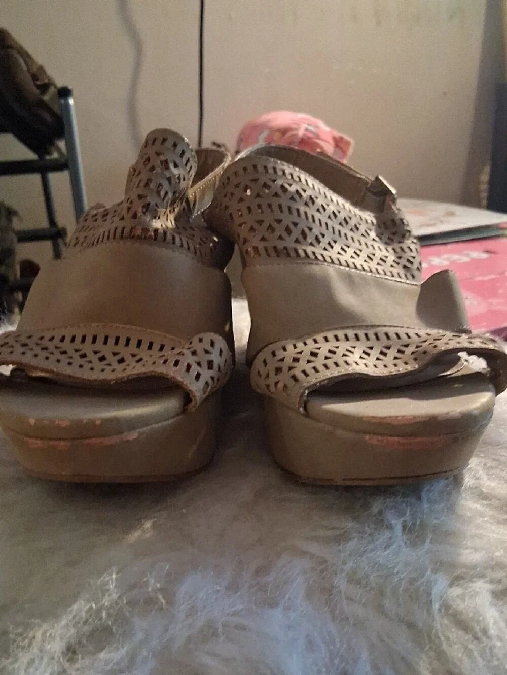 ROUGE!  Women’s Neutral Tan Wedge Sandals - Stylish Laser-Cut Straps SIZE 7